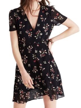Madewell Posy Floral Ruffle Black Dress Wrap VNeck Sz S